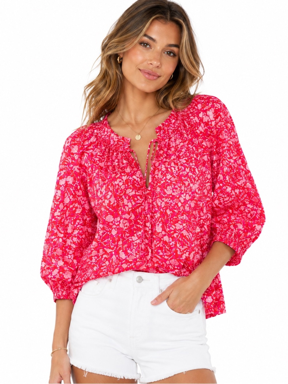 House of Harlow 1960 Martine Pink Boho Peasant Puff Sleeve Top Size Medium